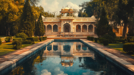 Indian palace nestled among gardens, its ornate design reflected in tranquil water, creating serene atmosphere. perfect blend of nature and architecture