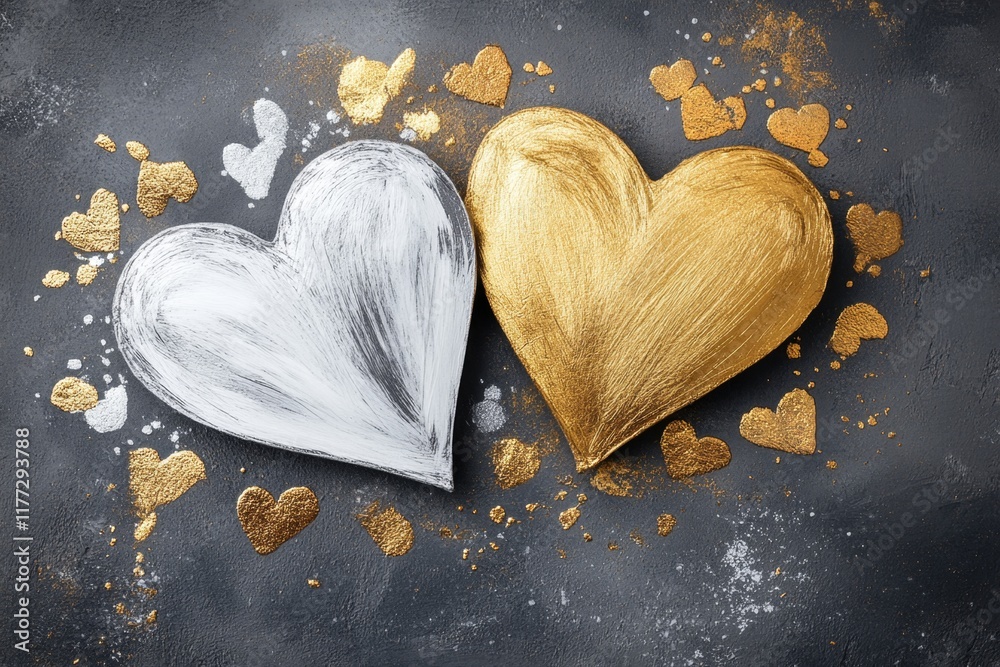 Poster two heart outlines sketched in gold and silver, drawn with sharp, clean lines on a dark grey backgro