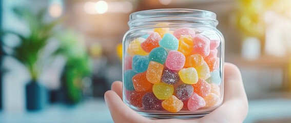 Hand holding a glass jar filled with colorful gummy candies.