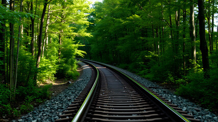 Obraz premium Train tracks passing through the forest, Generative AI