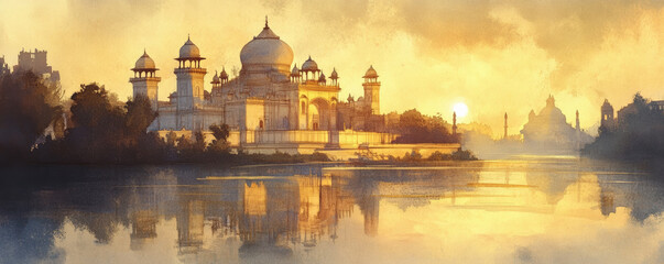 Fototapeta premium Majestic Indian palace with marble domes reflecting in water at sunset, creating serene and enchanting atmosphere. warm colors enhance beauty of scene