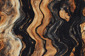 Obraz premium Exquisite abstract of curving black and golden patterns in wood, resembling flowing water or natural geological formations, ideal for luxurious background use.