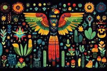 Colorful parrot with open wings surrounded by flowers and plants on black background