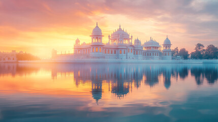 Obraz premium vibrant Indian palace glowing under soft sunrise light, reflecting beautifully in calm water. serene atmosphere evokes sense of peace and wonder