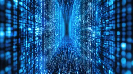abstract glowing blue matrix code tunnel