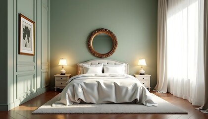 Serene Bedroom Interior Design: Elegant Sage Green Walls, White Bedding, and Gold Accents