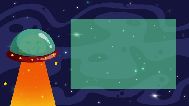 alien riding ufo in outer space animated video background. cartoon alien. 2d animation motion graphic design.