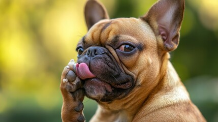 A playful dog licking its paw in a natural outdoor setting.