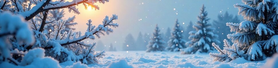 Snowflakes gently fall on frosty trees branches, Frosty landscape, Stillness