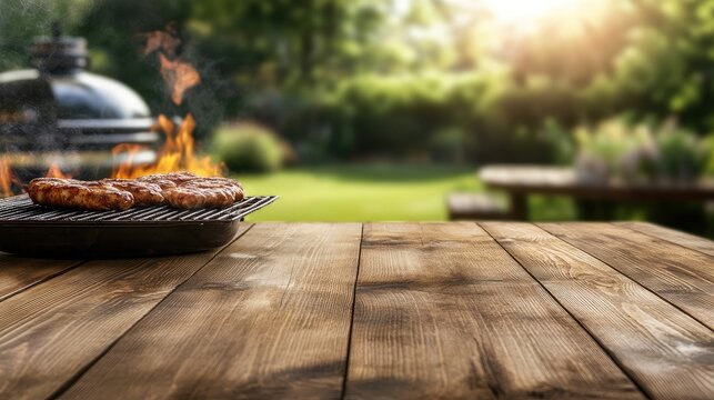 Flames rise from a barbecue grill placed on a rustic wooden table in an outdoor setting, ready for a cooking adventure with friends