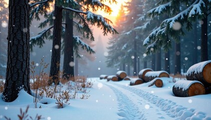 Fototapeta premium Snowflakes gently fall on a serene forest scene with fallen trees and sawn wood piles in the background, tranquility, silence