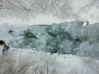 Drone view at frozen landscape at Engelberg in the Swiss alps