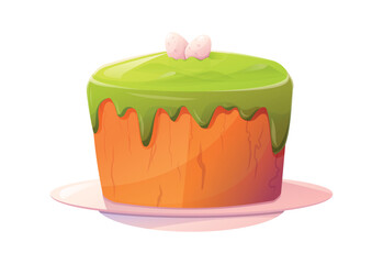 Colorful vector isolated cartoon Easter cake illustration with vibrant green icing dripping down sides, topped with decorative eggs. Holiday designs, greeting cards, posters, and festive decorations.