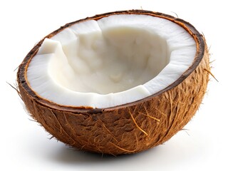 Crisp, white background showcases a halved coconut, ideal for stock photo use.  Tropical fruit imagery, clipping path included.