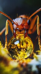Naklejka premium An extreme close-up of a rare ant species carrying a golden nectar droplet, its reflective surface showing a distorted world under precise lighting
