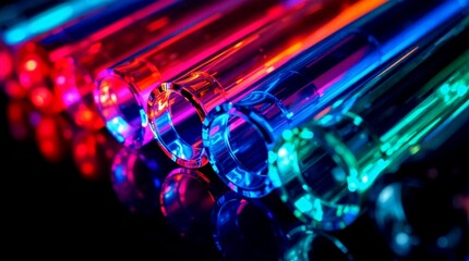 Fototapeta premium Macro photo of illuminated glass tubes forming a mesmerizing gradient from red to turquoise, creating a futuristic display of light, reflection, and transparent materials.