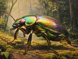 Fototapeta premium A hyper-realistic depiction of a rare jewel beetle, its iridescent exoskeleton reflecting vivid shades of green
