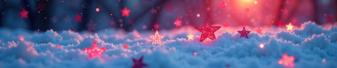 Scattered red white and blue stars on a crisp winter morning, sparkle, red, shine