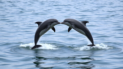 Fototapeta premium two graceful dolphins leaping out of the water. The dolphins are facing each other and are forming the shape of a heart, Generative AI