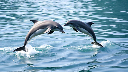 Obraz premium two graceful dolphins leaping out of the water. The dolphins are facing each other and are forming the shape of a heart, Generative AI