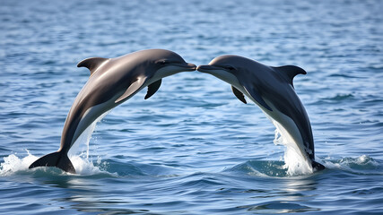 two graceful dolphins leaping out of the water. The dolphins are facing each other and are forming the shape of a heart, Generative AI