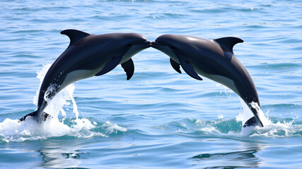Fototapeta premium two graceful dolphins leaping out of the water. The dolphins are facing each other and are forming the shape of a heart, Generative AI