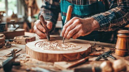 Obraz premium Focused craftsmanship as a pair of skilled hands carve patterns into a wooden block on a cluttered workbench.