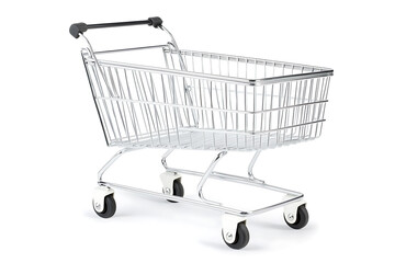 A shopping cart isolated on a white background, simple and clean design, perfect for concepts related to shopping, retail, and consumer goods.

