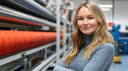 Confident Woman in Sweater Standing in Modern Textile Manufacturing Facility