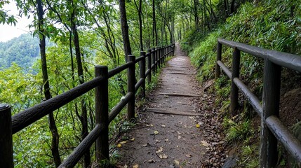 A tranquil hiking trail leading to a hidden waterfall surrounded by lush vegetation
