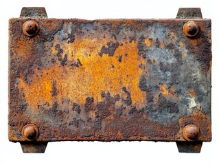 a rusty metal plate with four bolts