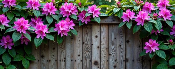 Purple rhododendron branches and leaves on a wooden gate, plants, blooms, nature