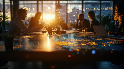 logistics coordination team collaborates on project with digital map. sunset creates warm atmosphere in office