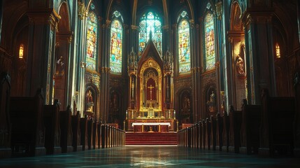 Grand Catholic church interior showcasing its historic high altar, vibrant stained glass, and polished pews.