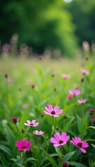 Obraz premium Pink and purple wildflowers in a field of lush green foliage, landscape, nature, flora