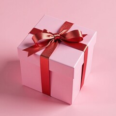 Fototapeta premium Pink gift box with red and silver metallic ribbons tied in a bow, decoration, wrapping, gift box