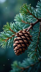 Fototapeta premium Pinecone branch with soft mossy green leaves and blue-gray twinkling lights, earthy, winter