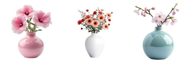 Set of Minimalist display of elegant ceramic vases with succulents and cactus plants on transparent png background