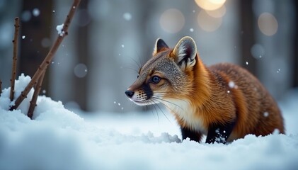 Obraz premium Pine marten's nose sniffing the air in the snowy forest, woodland, sniff