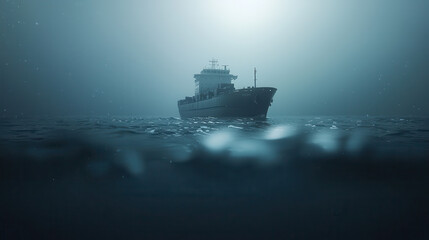 Obraz premium cargo ship navigates through foggy waters, showcasing maritime transport efficiency and mystery