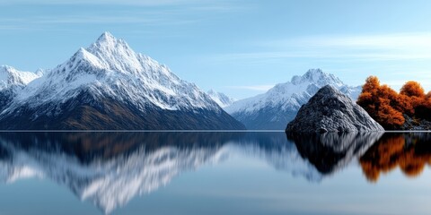 Majestic Snow-Capped Mountains Reflecting on Tranquil Lake Surrounded by Autumn Trees