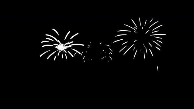 Holiday silhouettes fireworks in cartoon doodle style isolated on black background. Vivid cute festive element decoration. 2d animation salute for celebration, event, movie, games.