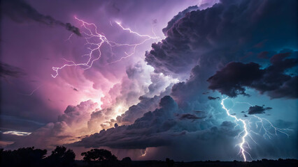 Dramatic Lightning Strikes Through Colorful Stormy Sky at Dusk