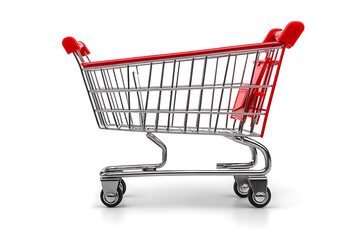 A shopping cart isolated on a white background, simple and clean design, perfect for concepts related to shopping, retail, and consumer goods.

