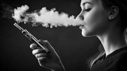 Obraz premium A profile of a young woman vaping, with smoke billowing in a dramatic black-and-white setting.