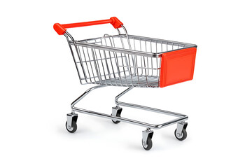 A shopping cart isolated on a white background, simple and clean design, perfect for concepts related to shopping, retail, and consumer goods.

