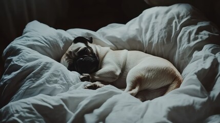A pug peacefully sleeping on a cozy white blanket.