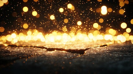 Naklejka premium A striking juxtaposition of gold bokeh lights hovering above a cracked, weathered grunge wall, merging decay with luxurious warmth, captivating contrast