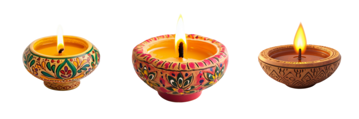 Set of Three small clay diyas with soft-lit candles, placed in a row on a white surface on transparent png background