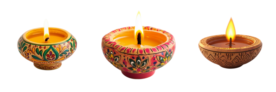 Set of Three small clay diyas with soft-lit candles, placed in a row on a white surface on transparent png background